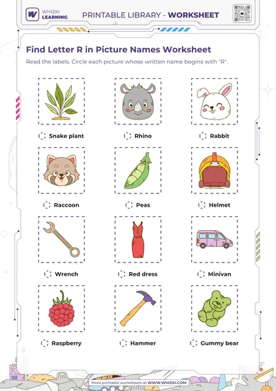 Find Letter R in Picture Names Worksheet