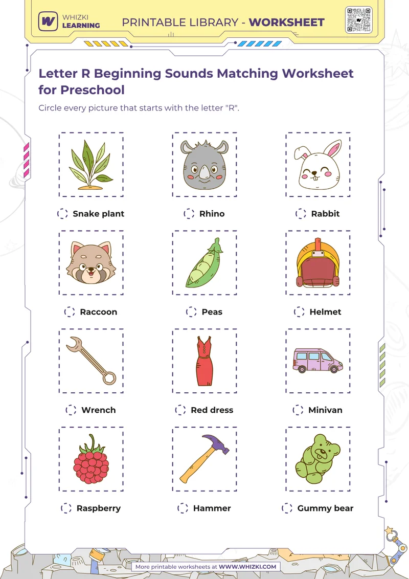 Letter R Beginning Sounds Matching Worksheet for Preschool
