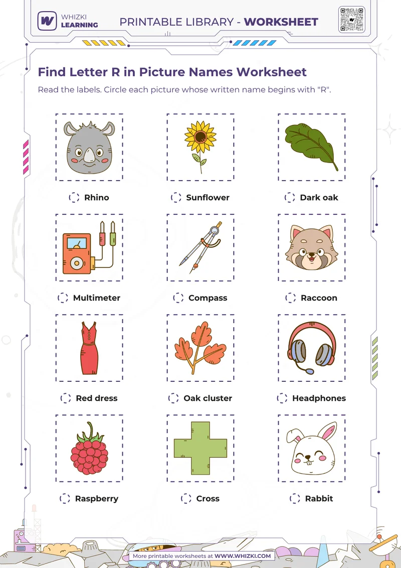 Find Letter R in Picture Names Worksheet
