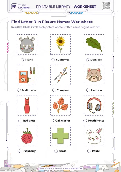 Find Letter R in Picture Names Worksheet
