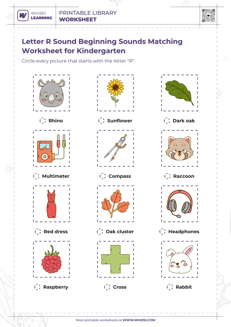 Letter R Sound Beginning Sounds Matching Worksheet for Kindergarten