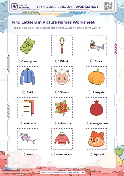 Find Letter S in Picture Names Worksheet