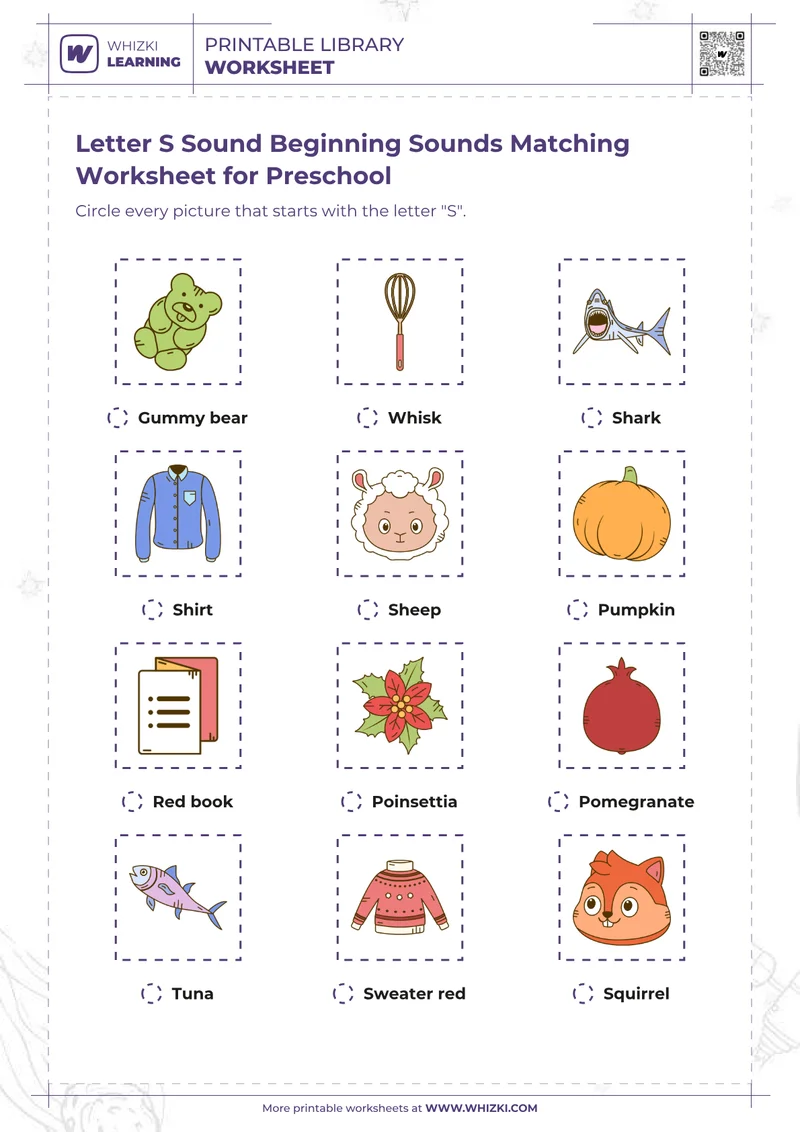 Letter S Sound Beginning Sounds Matching Worksheet for Preschool