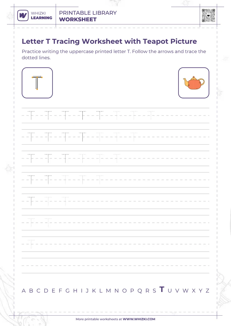 Letter T Tracing Worksheet with Teapot Picture