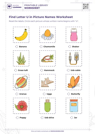 Find Letter U in Picture Names Worksheet