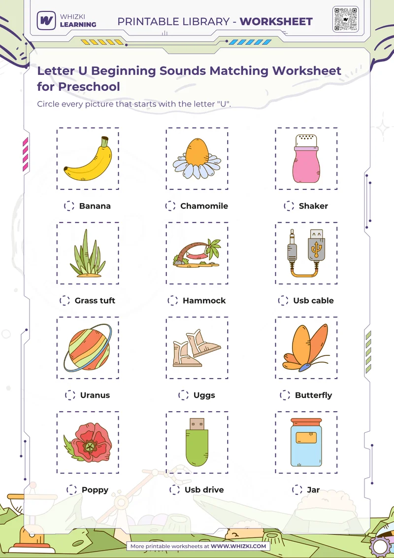 Letter U Beginning Sounds Matching Worksheet for Preschool