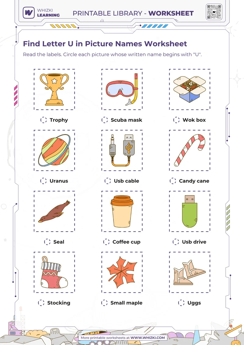 Find Letter U in Picture Names Worksheet