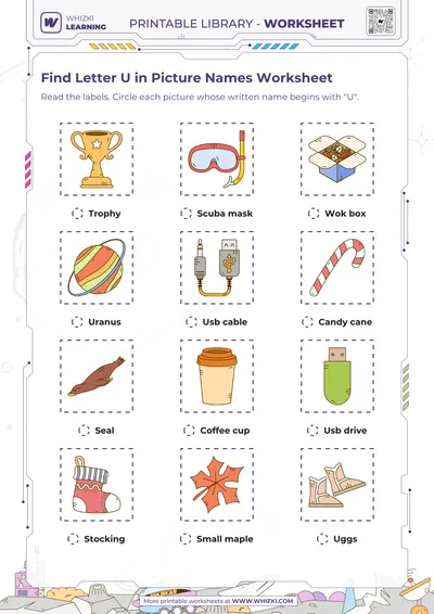 Find Letter U in Picture Names Worksheet