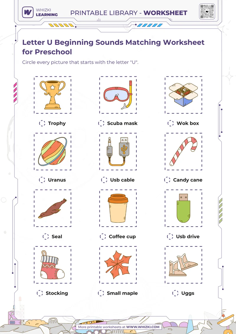 Letter U Beginning Sounds Matching Worksheet for Preschool