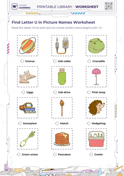 Find Letter U in Picture Names Worksheet