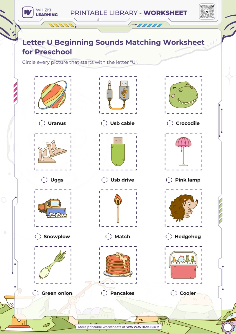 Letter U Beginning Sounds Matching Worksheet for Preschool