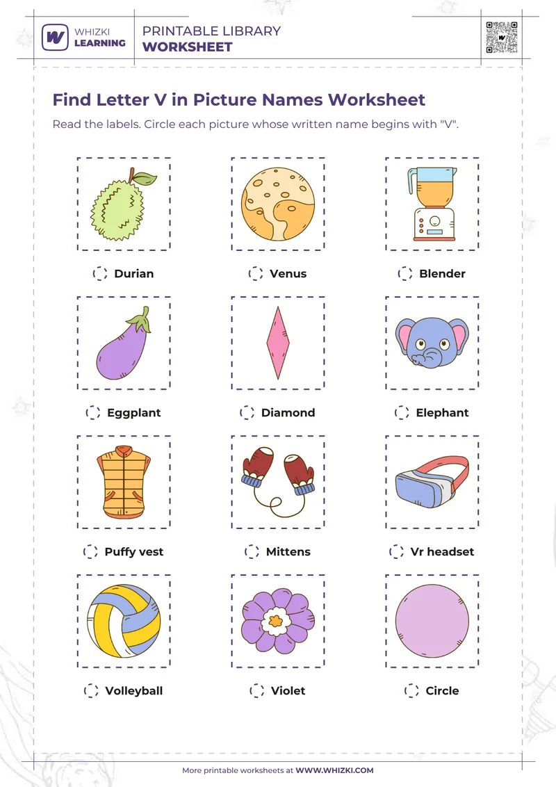 Find Letter V in Picture Names Worksheet