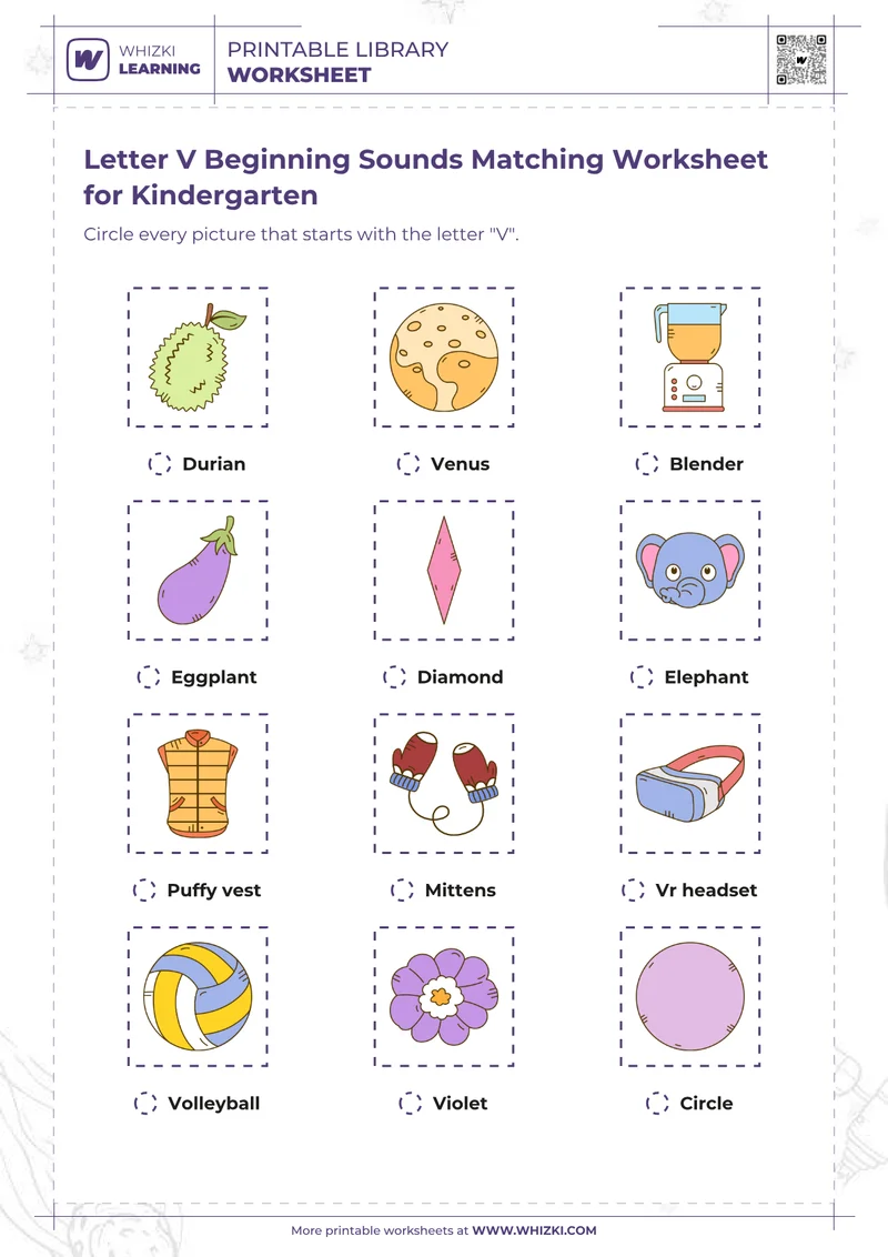 Letter V Beginning Sounds Matching Worksheet for Kindergarten