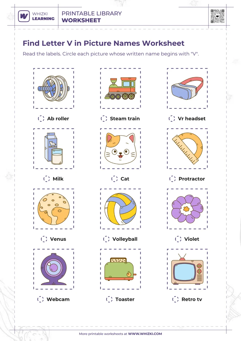 Find Letter V in Picture Names Worksheet