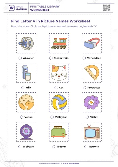 Find Letter V in Picture Names Worksheet