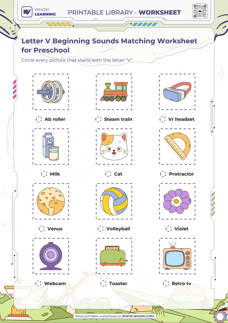 Letter V Beginning Sounds Matching Worksheet for Preschool