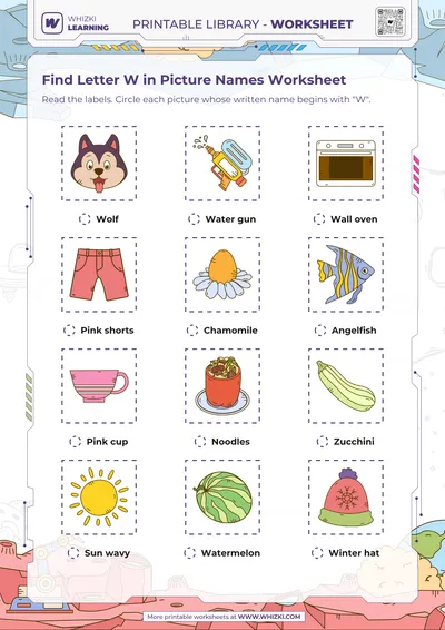 Find Letter W in Picture Names Worksheet