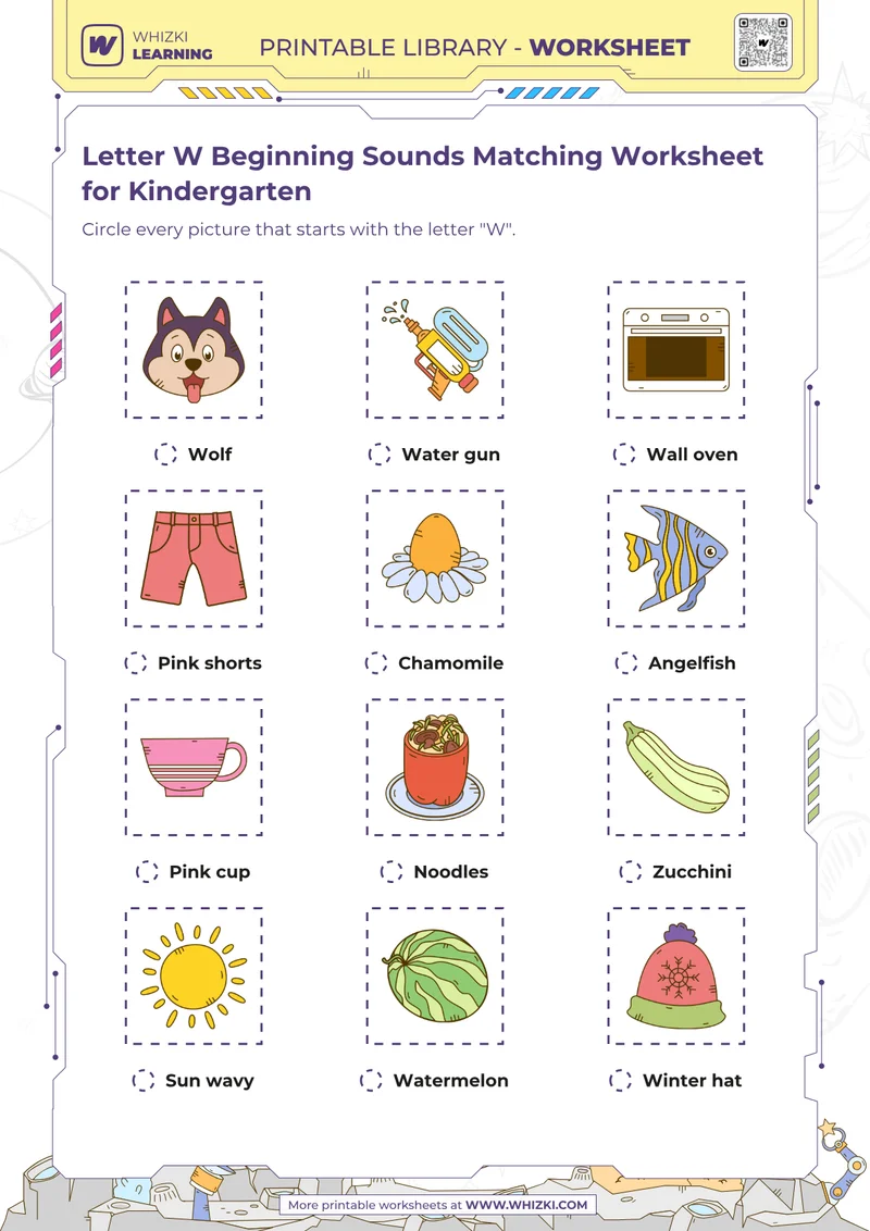 Letter W Beginning Sounds Matching Worksheet for Kindergarten