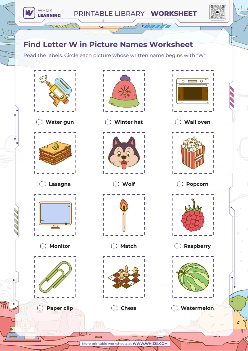 Find Letter W in Picture Names Worksheet