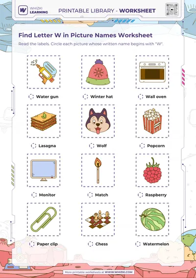 Find Letter W in Picture Names Worksheet