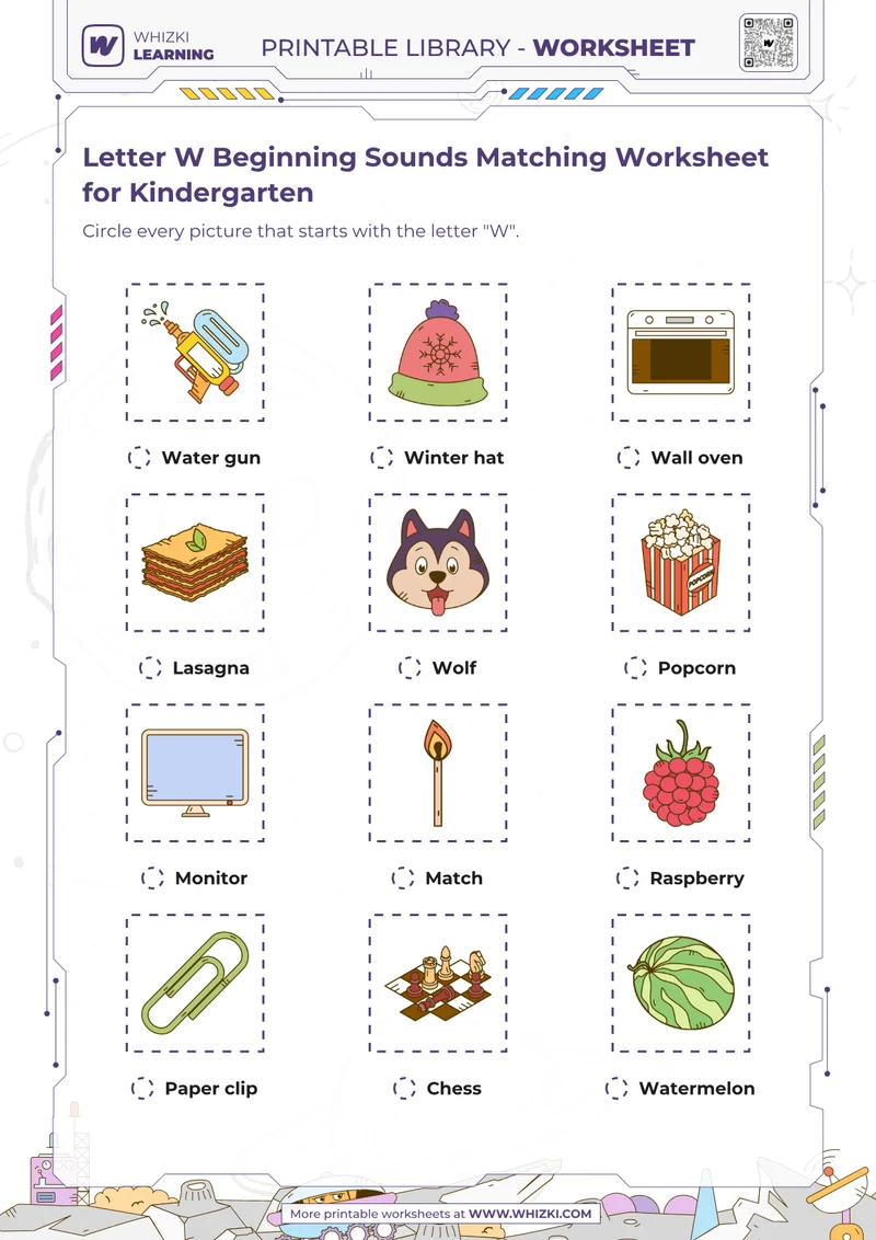 Letter W Beginning Sounds Matching Worksheet for Kindergarten