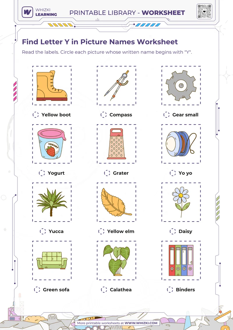 Find Letter Y in Picture Names Worksheet