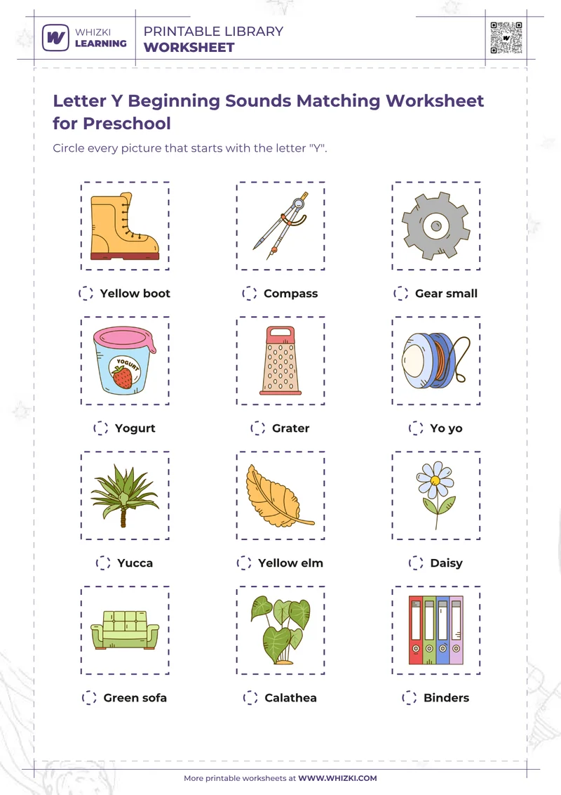 Letter Y Beginning Sounds Matching Worksheet for Preschool