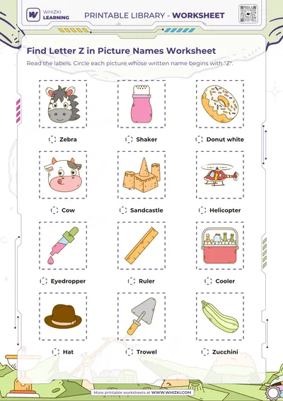 Find Letter Z in Picture Names Worksheet