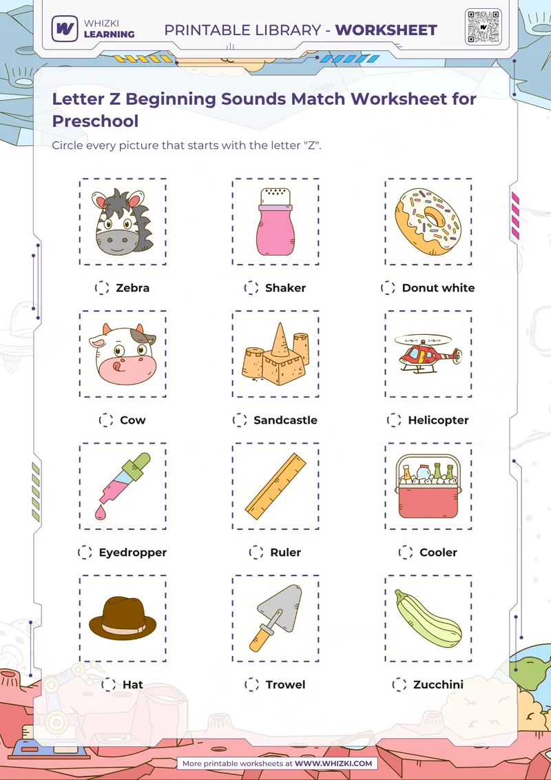 Letter Z Beginning Sounds Match Worksheet for Preschool