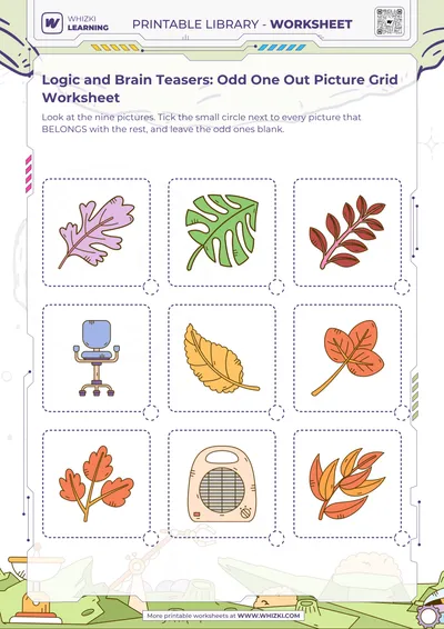 Logic and Brain Teasers: Odd One Out Picture Grid Worksheet