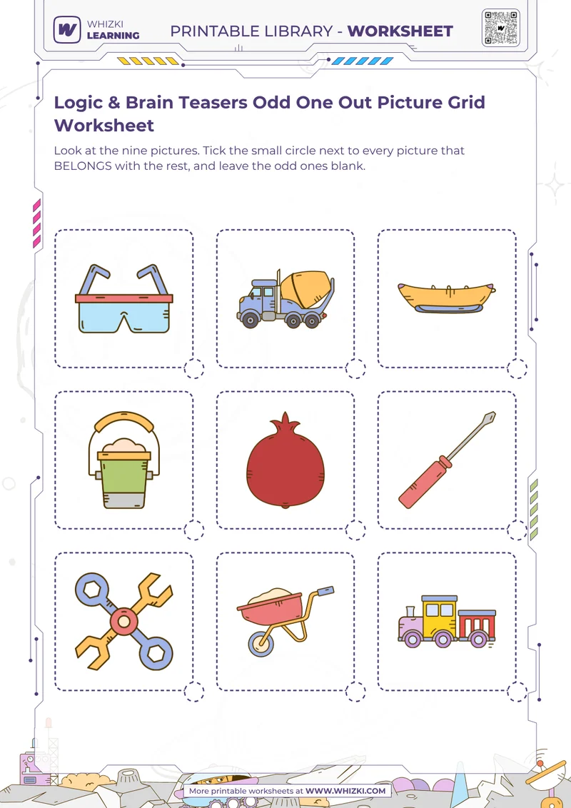 Logic & Brain Teasers Odd One Out Picture Grid Worksheet