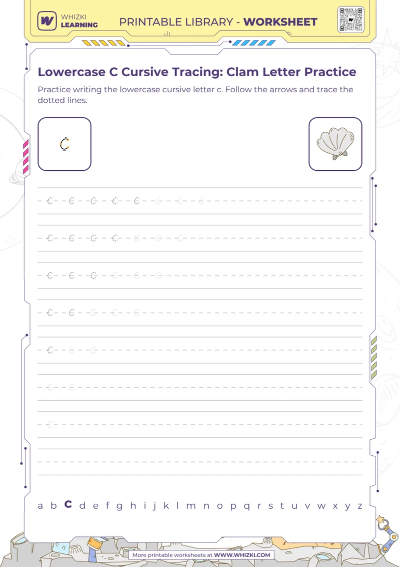 Lowercase C Cursive Tracing: Clam Letter Practice