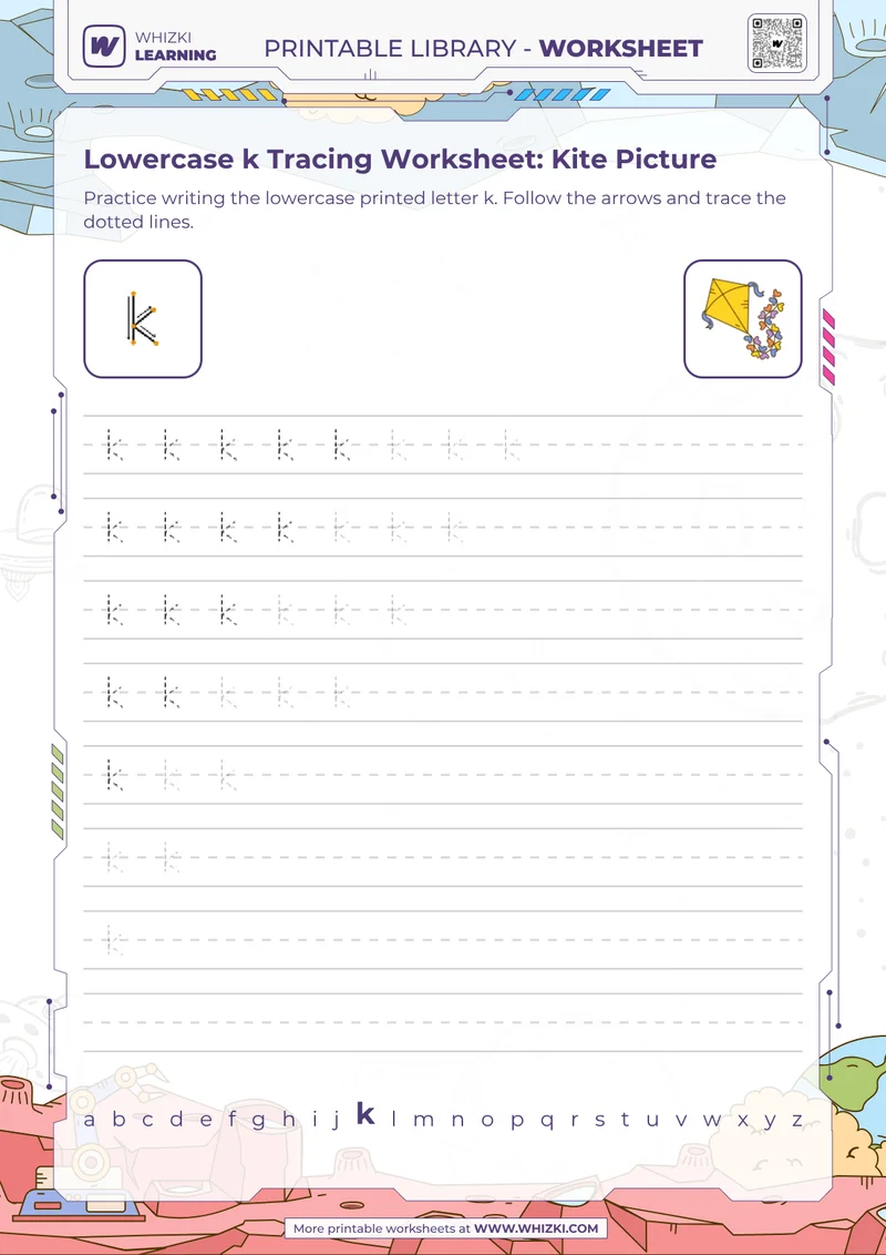 Lowercase k Tracing Worksheet: Kite Picture