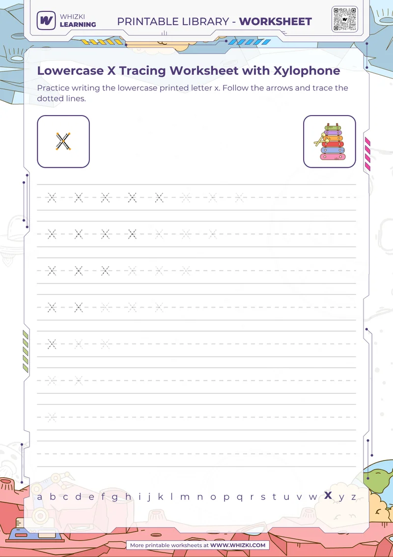 Lowercase X Tracing Worksheet with Xylophone