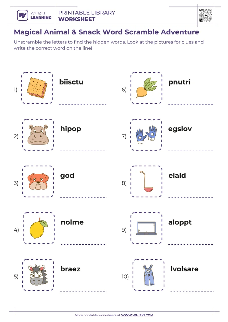 Magical Animal & Snack Word Scramble Adventure