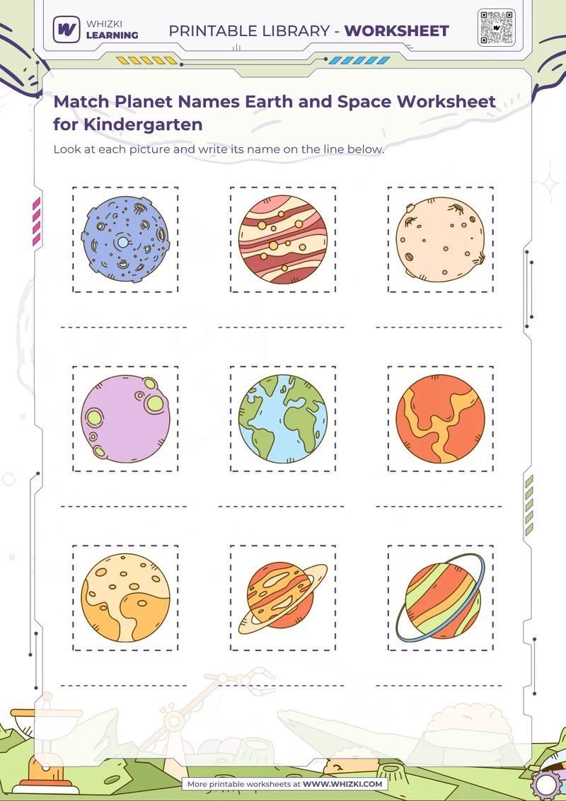 Match Planet Names Earth and Space Worksheet for Kindergarten
