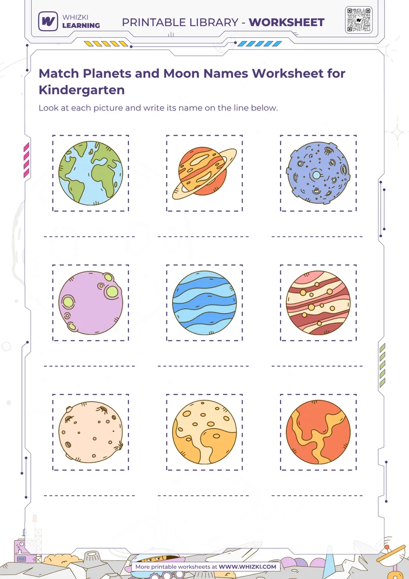 Match Planets and Moon Names Worksheet for Kindergarten