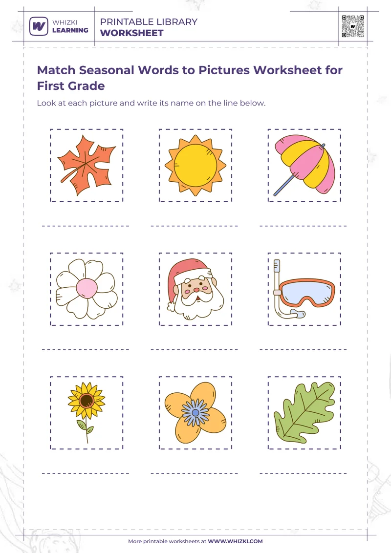 Match Seasonal Words to Pictures Worksheet for First Grade