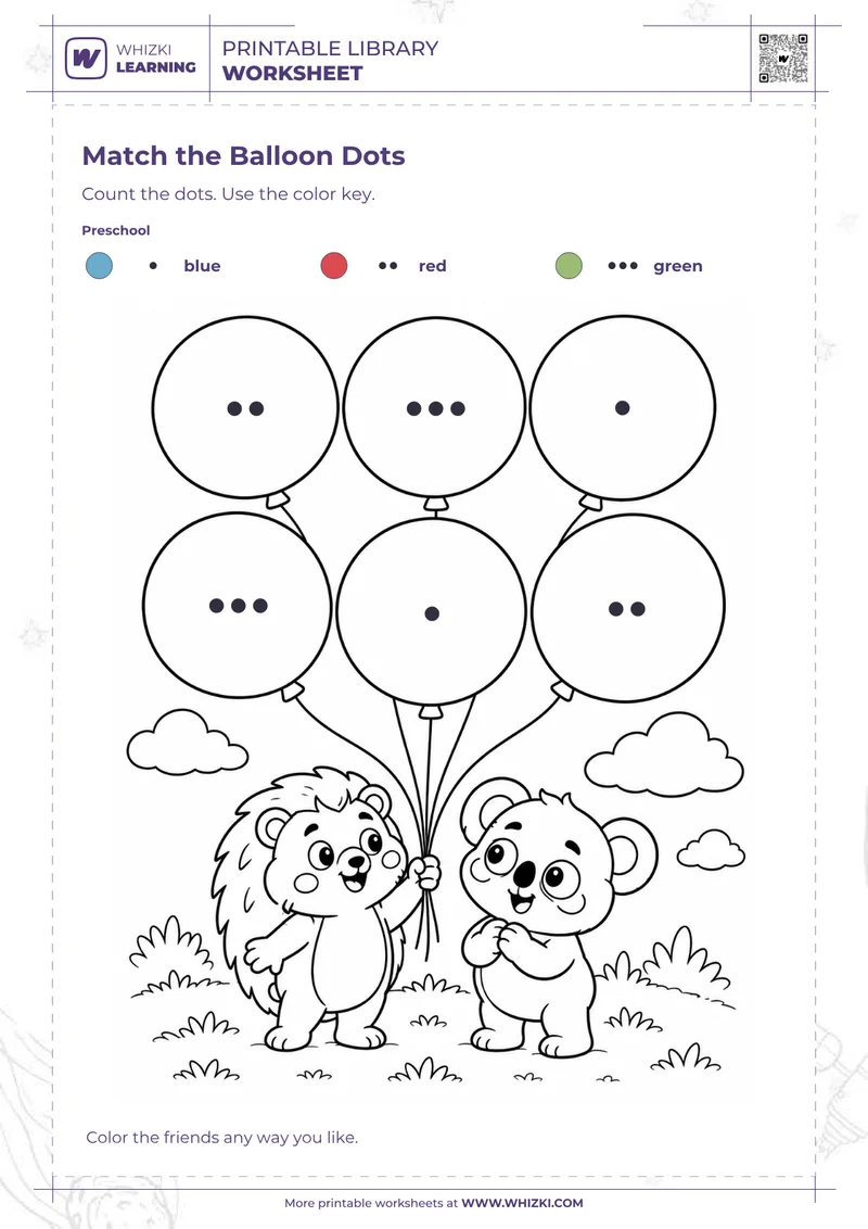 Match the Balloon Dots Color by Code Worksheet