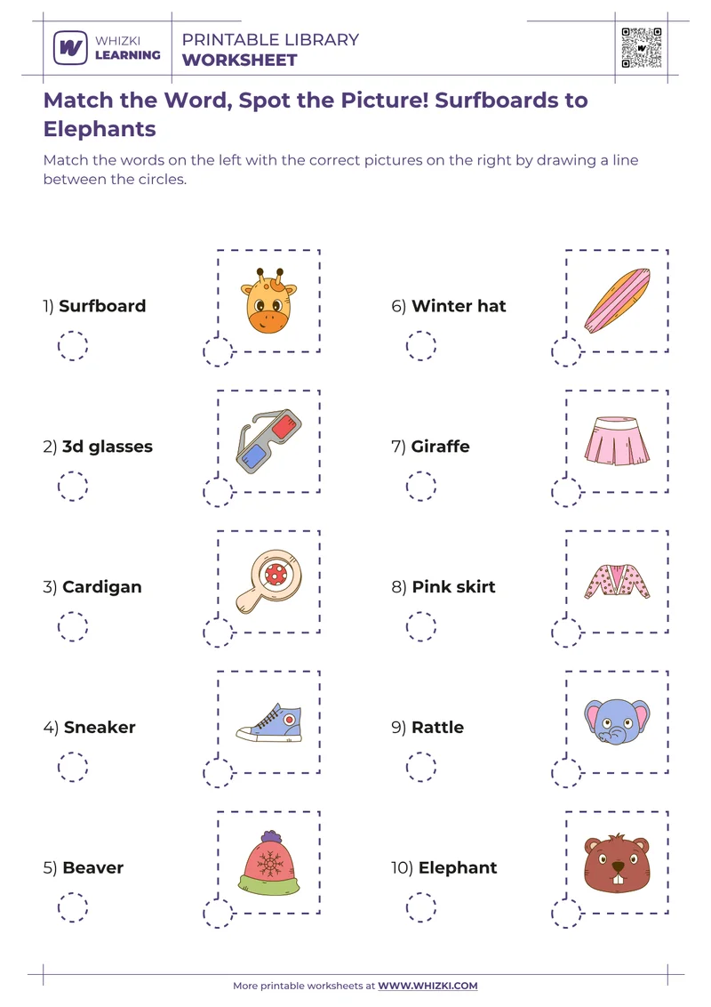 Match the Word, Spot the Picture! Surfboards to Elephants