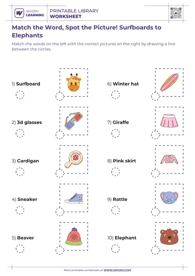 Match the Word, Spot the Picture! Surfboards to Elephants