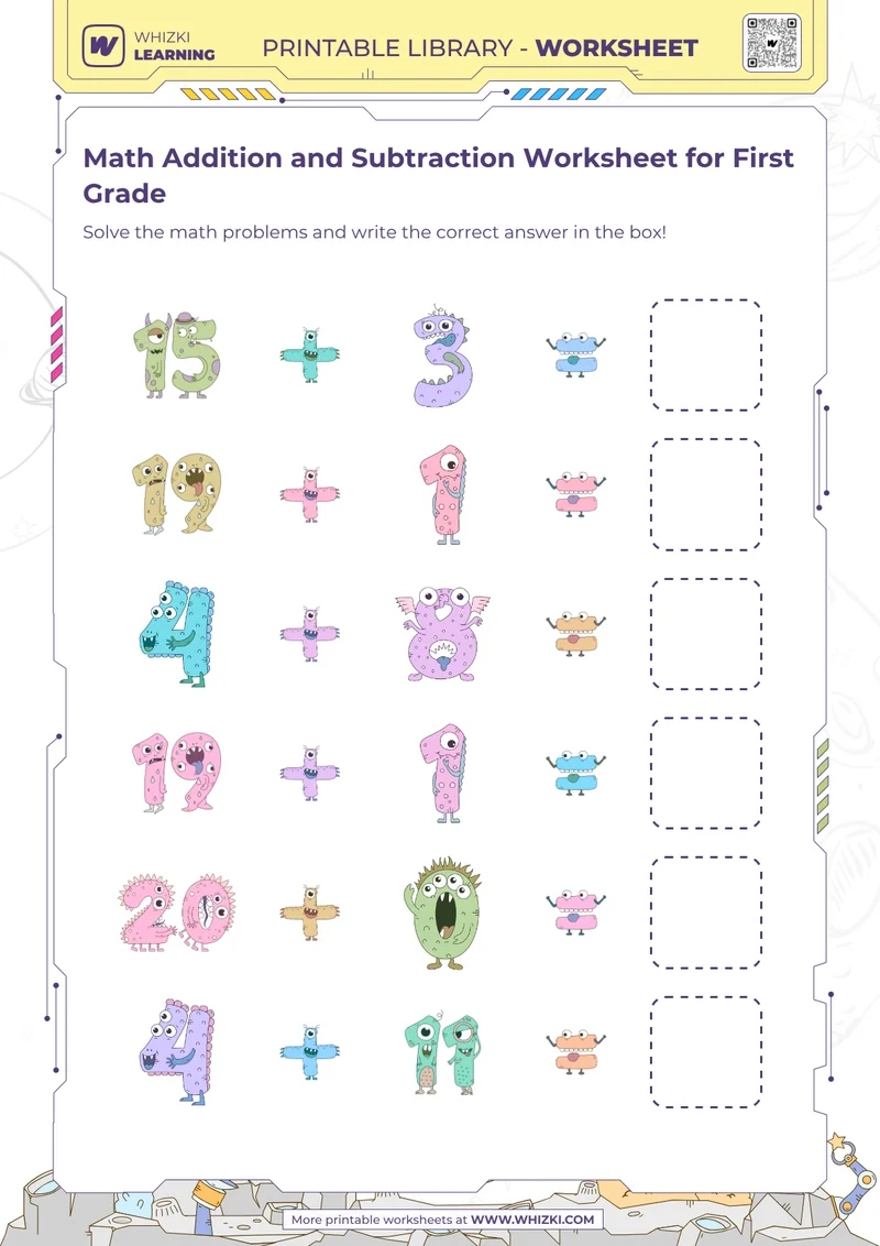 Math Addition and Subtraction Worksheet for First Grade