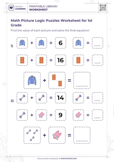 Math Picture Logic Puzzles Worksheet for 1st Grade