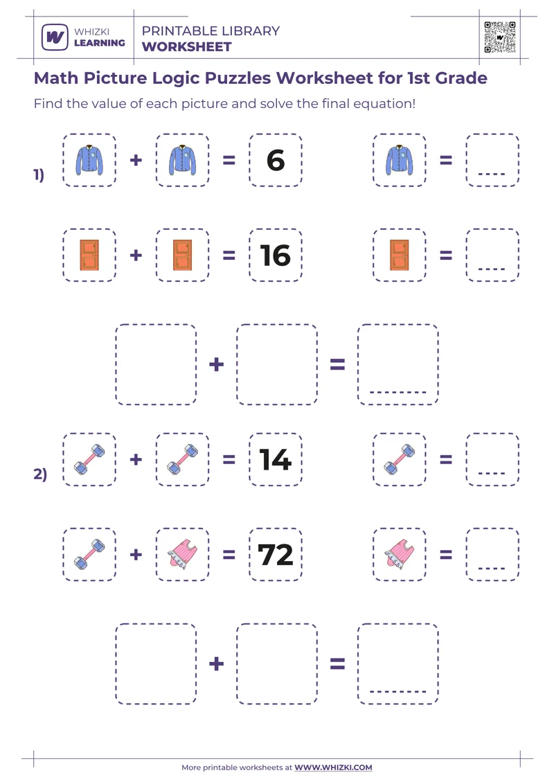 Math Picture Logic Puzzles Worksheet for 1st Grade