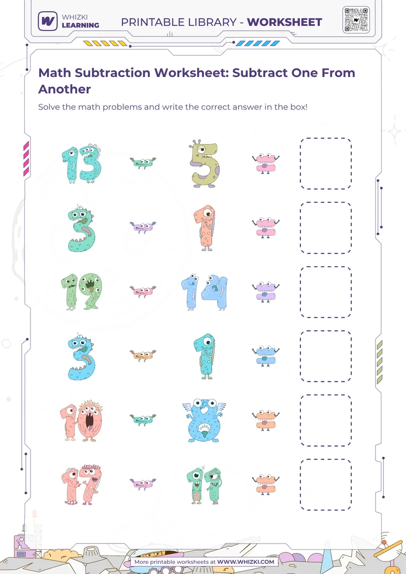 Math Subtraction Worksheet: Subtract One From Another