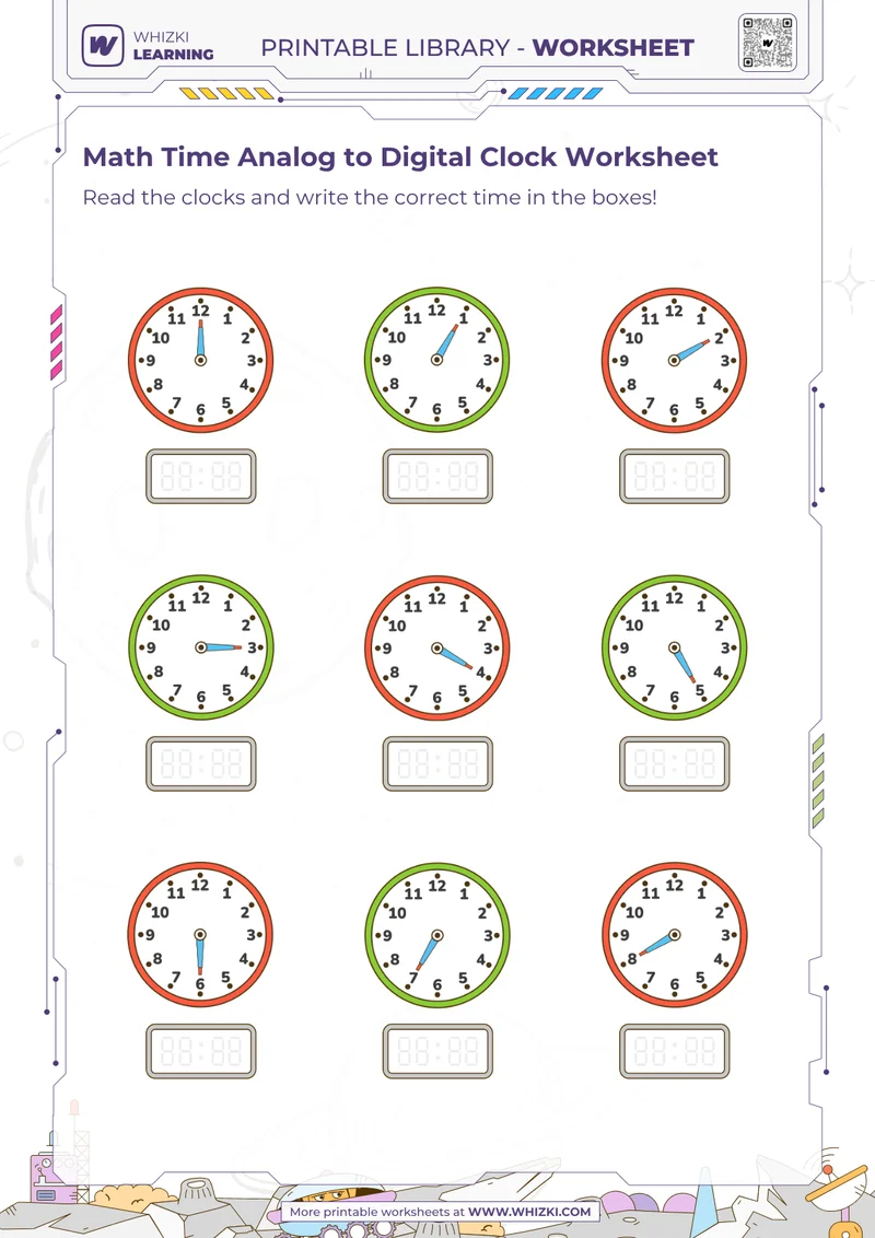 Math Time Analog to Digital Clock Worksheet