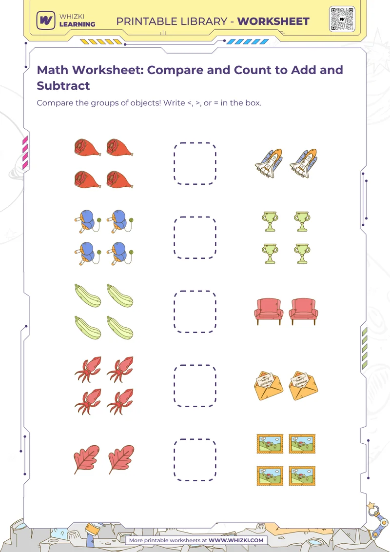 Math Worksheet: Compare and Count to Add and Subtract