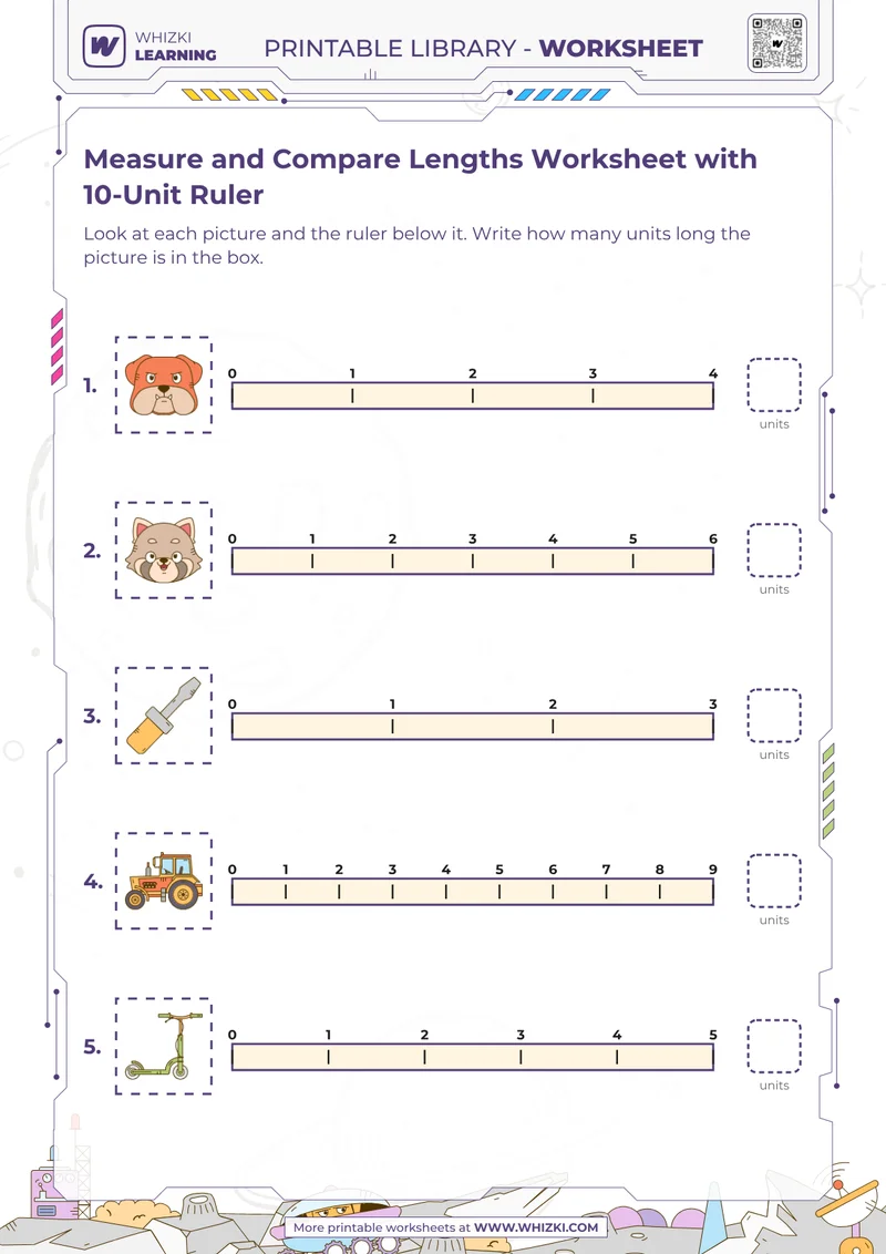Measure and Compare Lengths Worksheet with 10-Unit Ruler