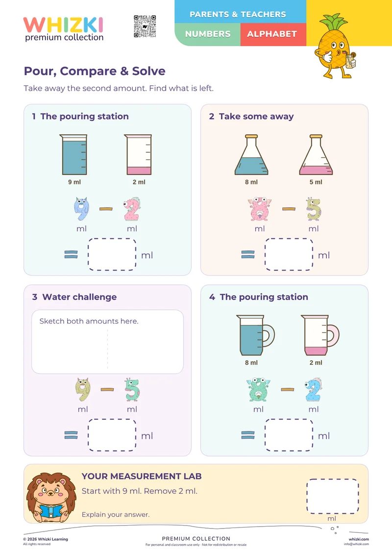Subtract Milliliters: Liquid Measurement Practice