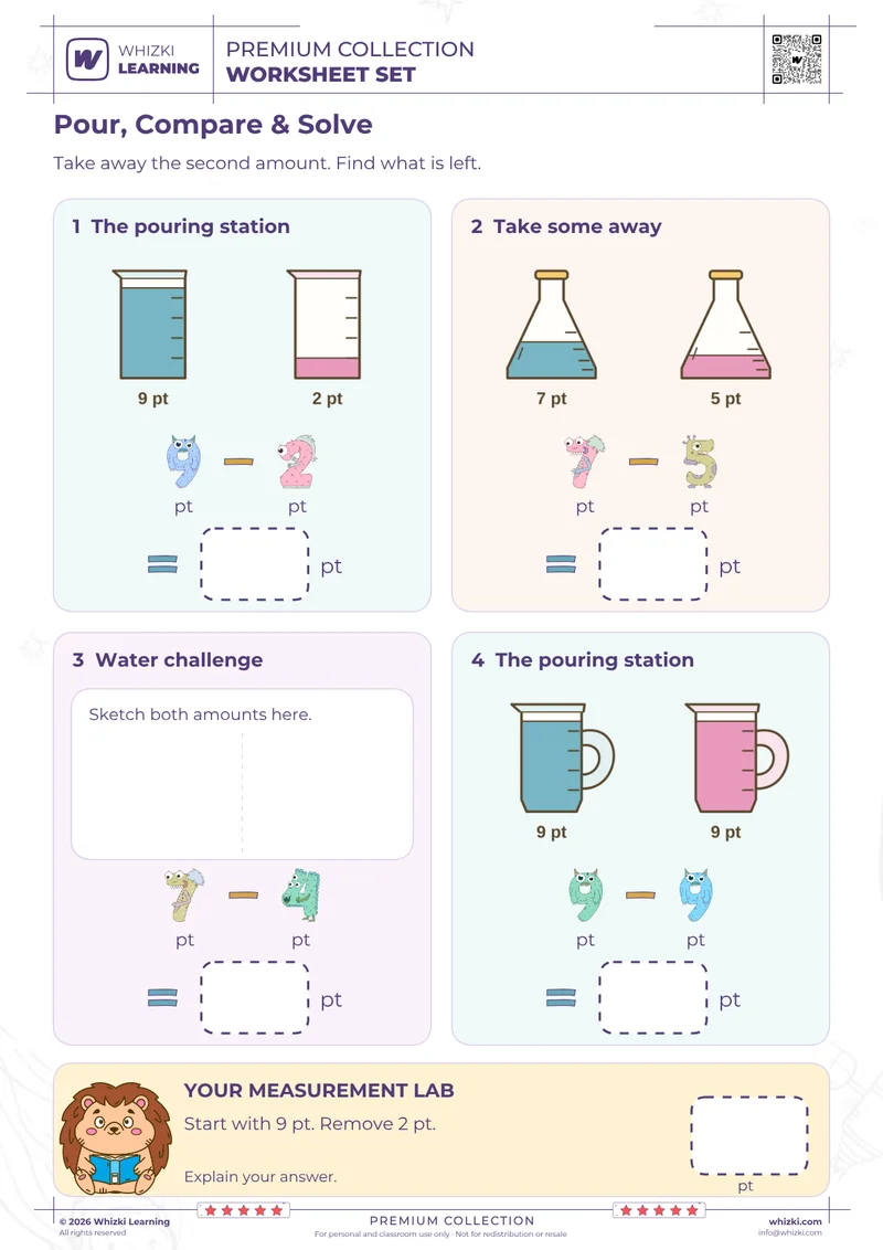 Subtract Pint Liquid Measures Practice Page